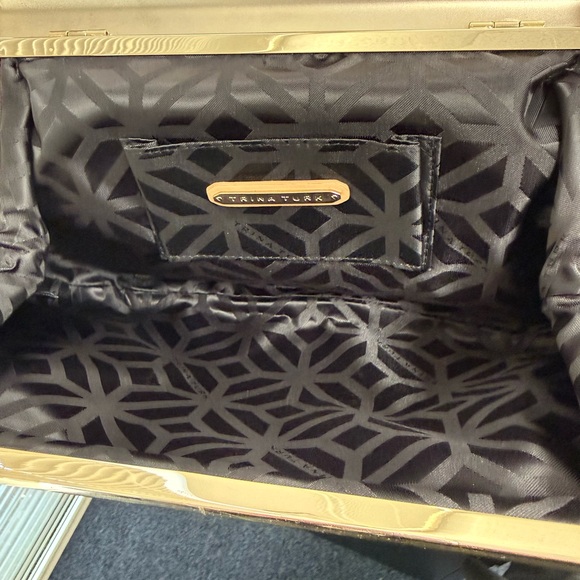 Trina Turk Fuchsia Satin Clutch with Tan & Gold Trim & Dust Bag - Picture 7 of 9